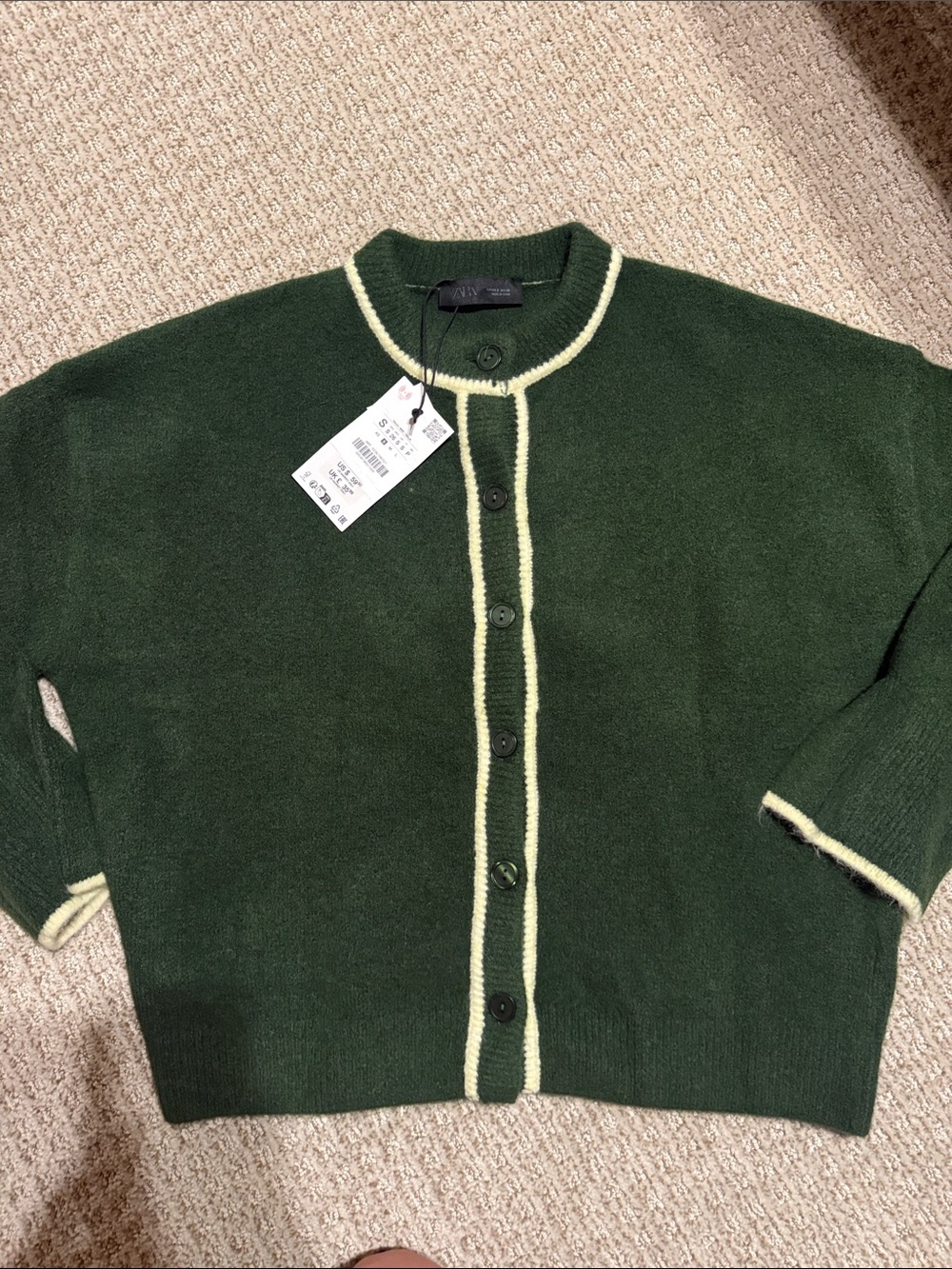 Women’s NWT Zara green cream accent oversized button up cardigan sweater sz S
